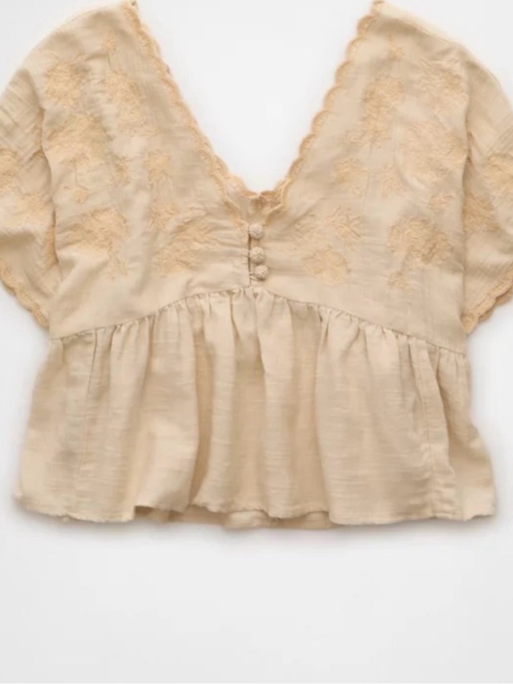 AE Beige Embroidered V-Neck Top